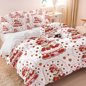 Sweet Strawberry Cake Girl & Bunny Duvet Cover Set, 1 Duvet Cover + 1/2 Pillowcases, No Filling, HD All Season Print, Soft Breathable Bedding, Cute Pink Cartoon Girl & Strawberry Cake Pattern for Girls Bedroom Decor