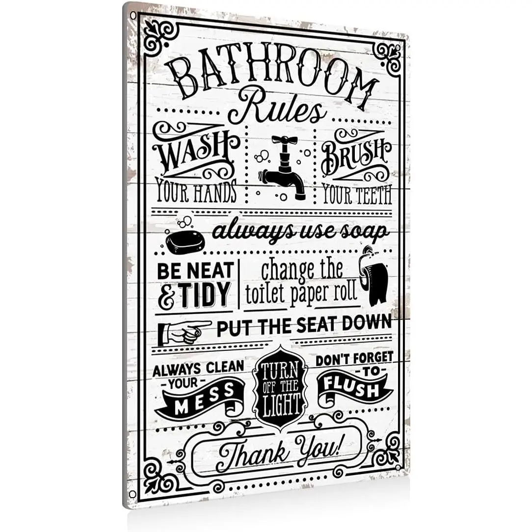 Funny Bathroom Rules Metal Decorative Sign - Farmhouse Quote Gift Tin Hanging Decor for Toilet Home Bathroom Decor