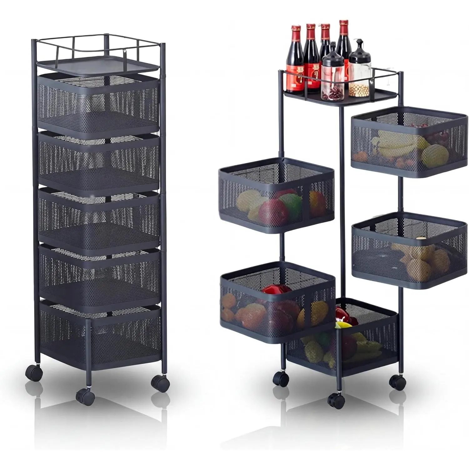 Rotatable Pre-Assembled 5-Tier Steel Storage Cart - Minimalist Mesh Organiser with Basket Rack, Apartment Accessories for Home Organization Storage (White/Black)
