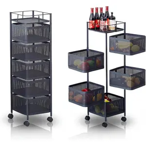 Pre-Assembled 5-Tier Rotating Storage Cart - Multifunctional Mesh Organzier for Kitchen, Pantry, Bathroom (White/Black)