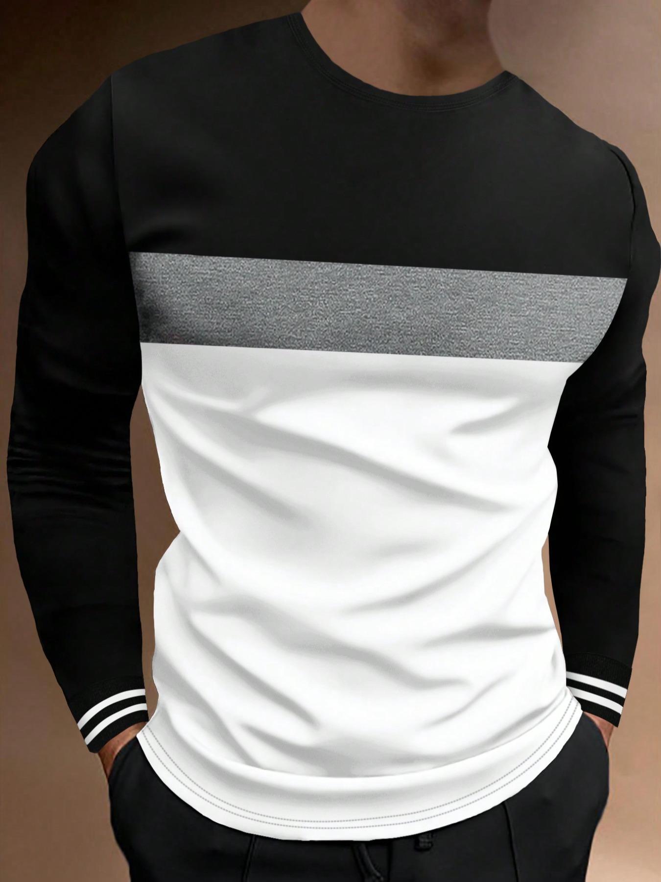 Men's Colorblock Striped Print Round Neck Tee, Casual Long Sleeve Crew Neck Jersey T-Shirt for Spring & Fall, Fashion Men's Fitted Regular Fit Top for Daily Wear