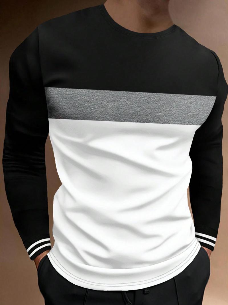 Men's Colorblock Striped Print Round Neck Tee, Casual Long Sleeve Crew Neck T-Shirt for Spring & Fall, Fashion Men's Regular Fit Top for Daily Wear