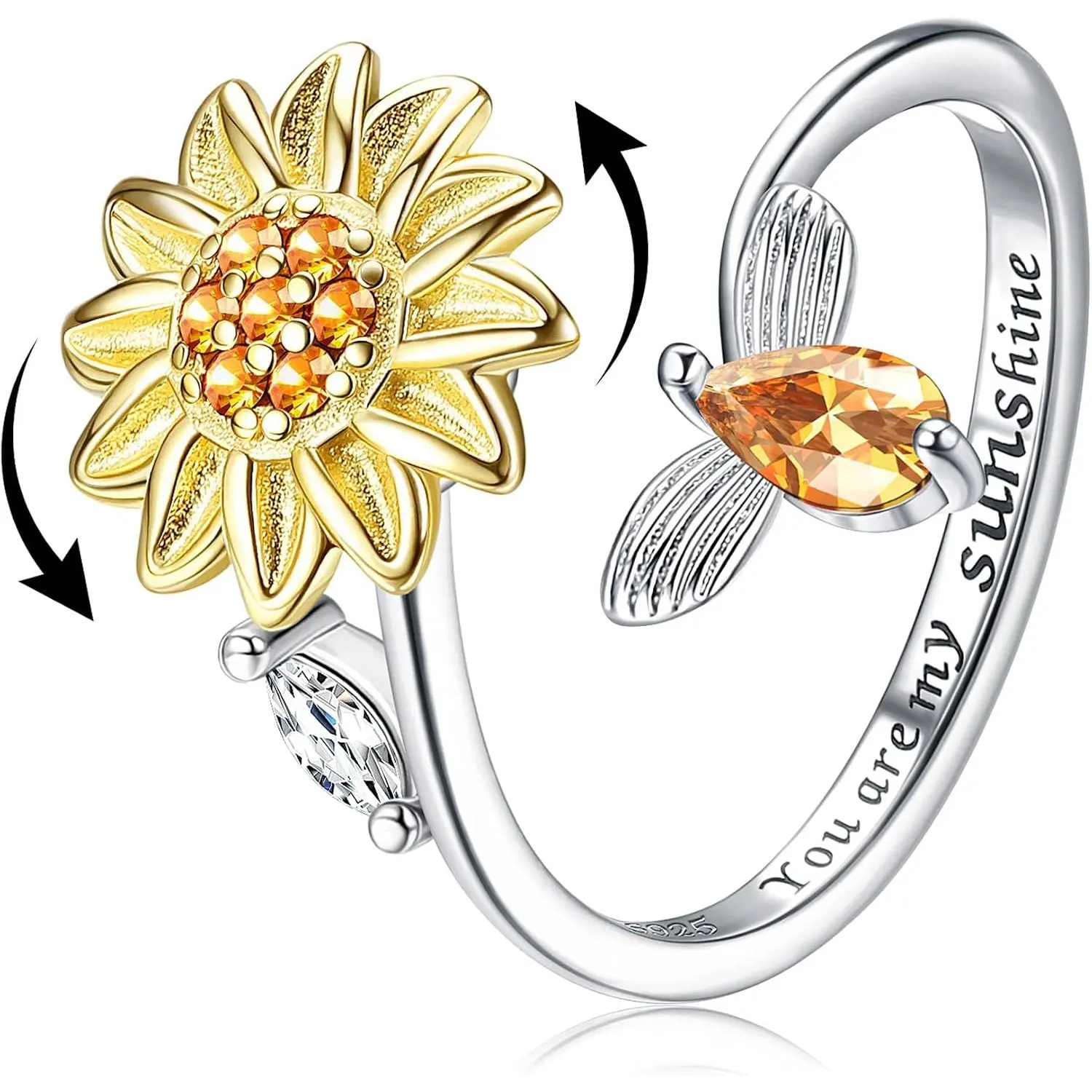 S925 Sterling Silver Fidget Rings for Women Adjustable Open Anxiety Ring Sunflower Engagement Rings,You are My Sunshine Ring Spinner Gift for Valentine's Day with Box