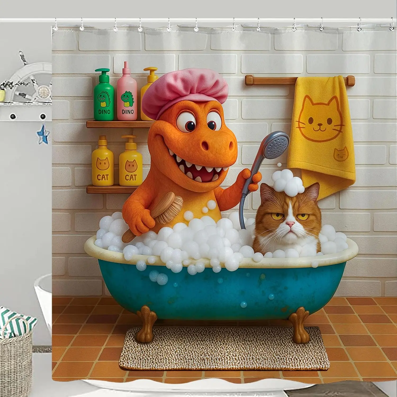 Cartoon Dinosaur Shower Curtain Set Playful Bathtime Design Waterproof Bathroom Shower Curtain Whimsical Animal Print Unique Home Decor 72x72 Inch