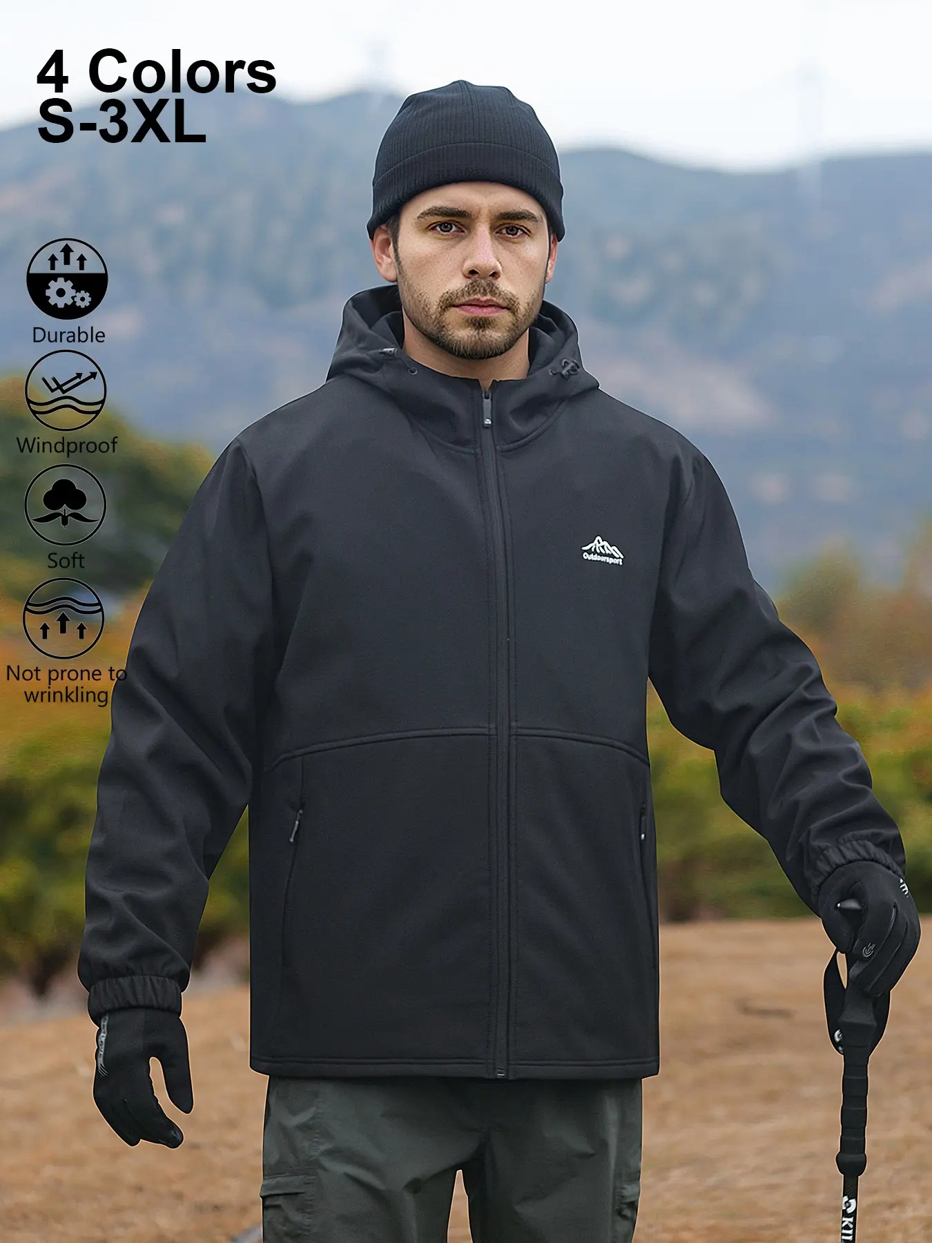 Mens Soft Shell Hooded Jacket, Wind‑Resistant Wrinkle‑Proof Lightweight Hiking Coat, Full‑Zip Casual Outerwear with Adjustable Hood & Zip Pockets for Camping Climbing Travelling Daily Wear, Multi‑Colours S‑3XL, Soft Shell Jackets
