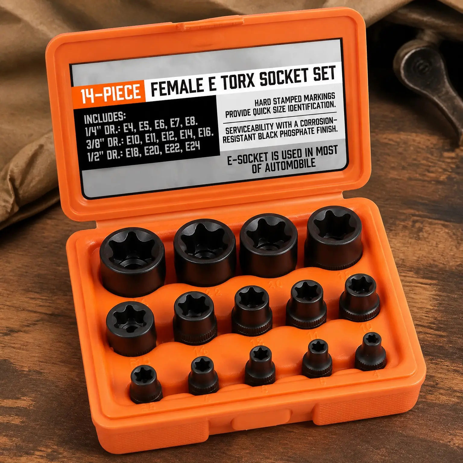 14 Pc Female E-Torx Star Socket Set/Rail, 1/4" 3/8" 1/2" Drive, E24 External Torque Socket Set
