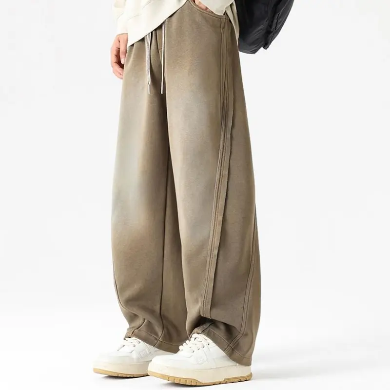 Men's Heavyweight Knit Sweatpants, Stylish Wide Leg Trousers with an Elastic Drawstring Waist and Gradient Wash, Autumn Menswear Fashion, Plain, Baggy, Wide-Leg Men's Pants, Oversize, Straight, Machine Washable Men's Pants