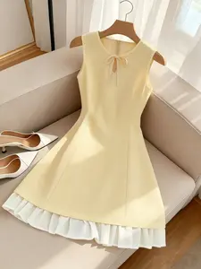Cream Elegant Sleeveless Summer Dress, Tie Neck Polka Dot Design, Waist Cinched A-Line Cut, Colorblock Pleated Hem, Youthful Style