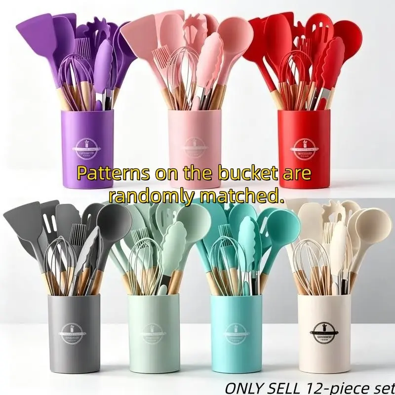 Silicone Kitchen Cooking Utensils Set, 12pcs/set Including Spatula, Spoon, Tongs, Whisk, Basting Brush, Cooking Utensils Set with Storage Basket, Kitchen Utensils Set, Kitchen Cooking Accessories, Home Kitchen Supplies