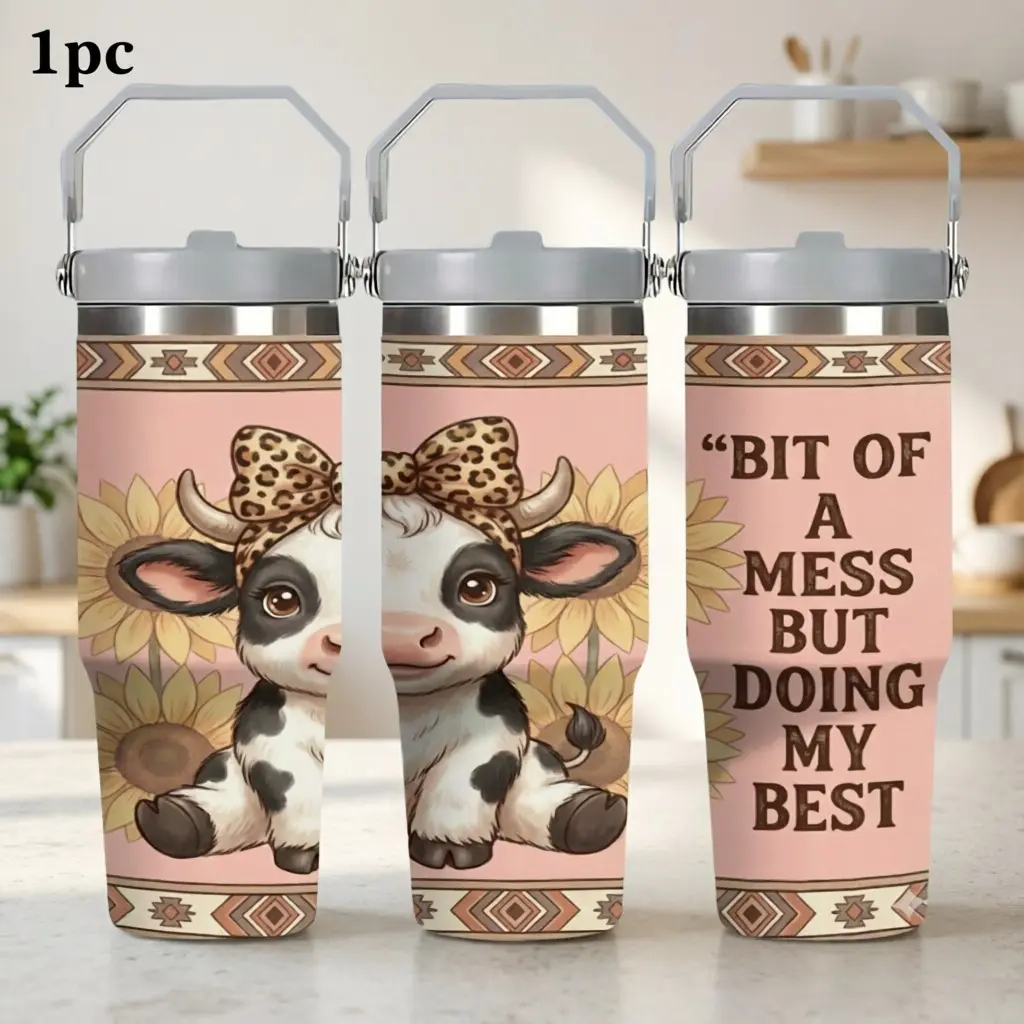 1pc 30oz Healing Series Cartoon Baby Cow / Highland Cow with Handle Large Capacity Stainless Steel Carrying Portable Cup with Girls' Touch Insulation for Hot and Cold Drinks