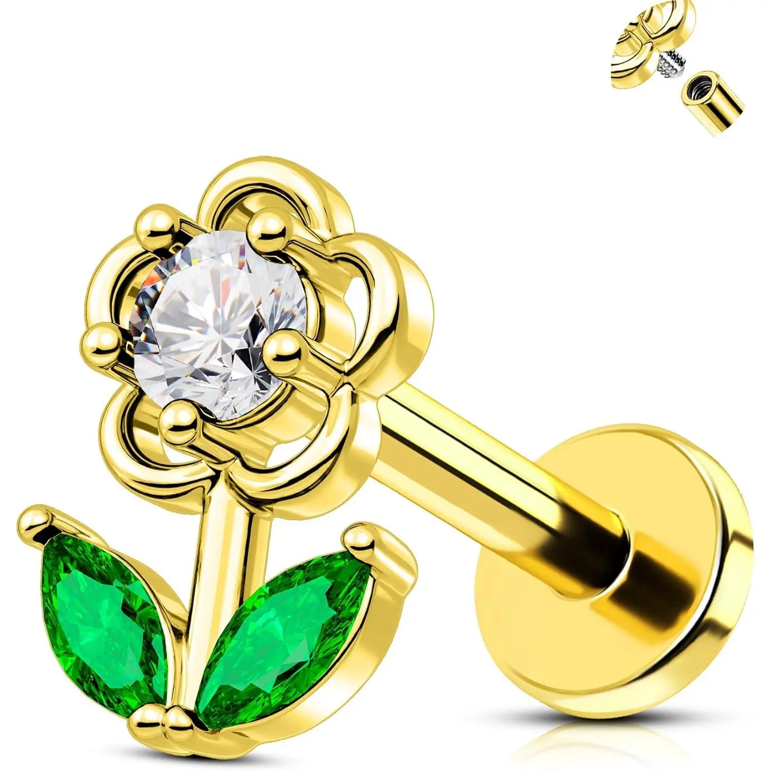 16G Spring Floral CZ Helix, Tragus & Cartilage   Collection - Stainless Steel, Internally Threaded, Flat  Stud & Chain Dangle Labret  (Multiple Colors, 6MM)