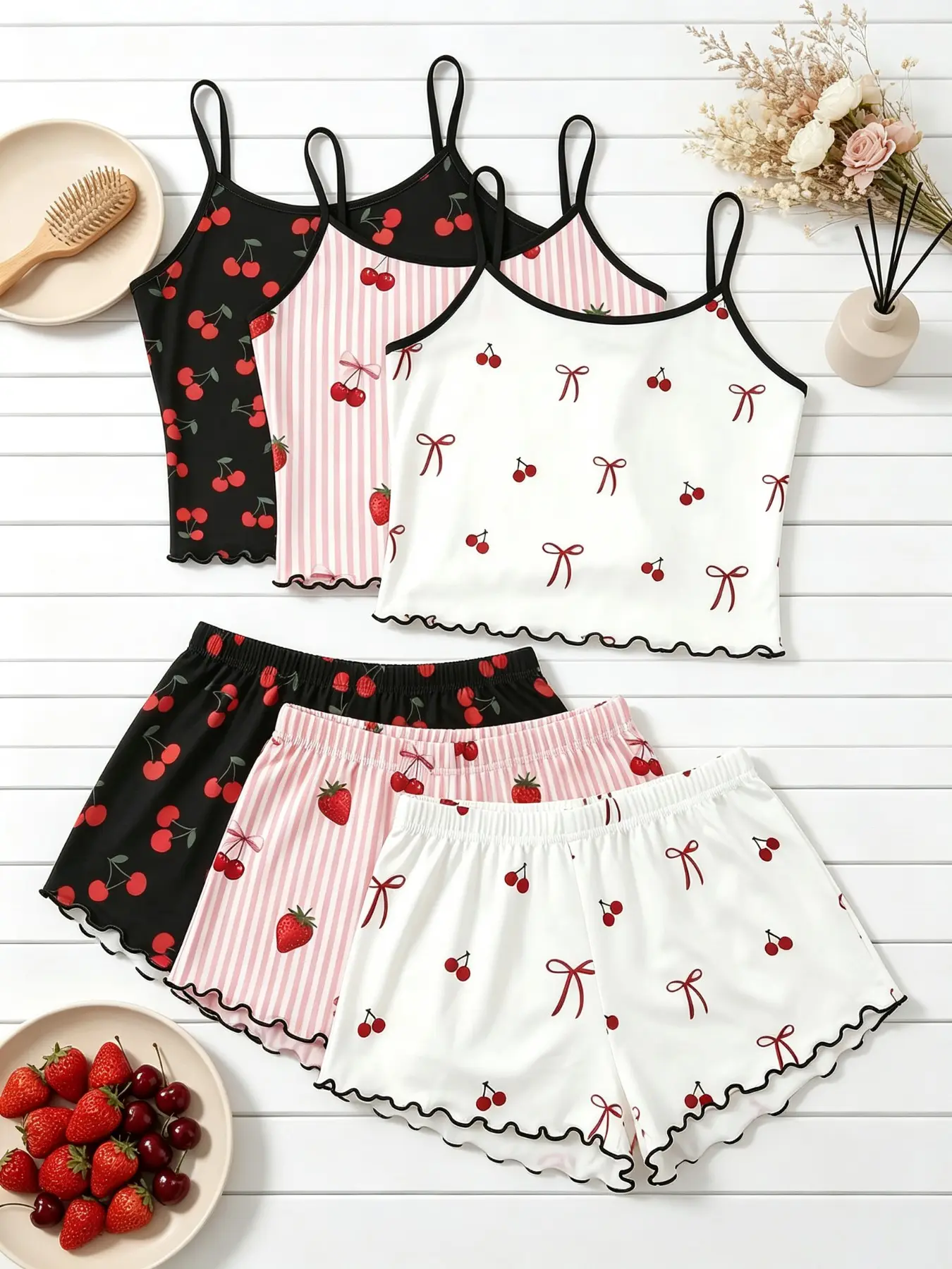 Women's Sleepwear & Loungewear 6 Pack Multipack Value Matching Set Cherry Strawberry Bow Stripe Print Summer Spaghetti Strap Ruffle Lettuce Hem Contrast Trim Soft Stretch Lightweight Sleeveless Cami Top Short Pants Casual Two Piece Outfit Home Daily Wear