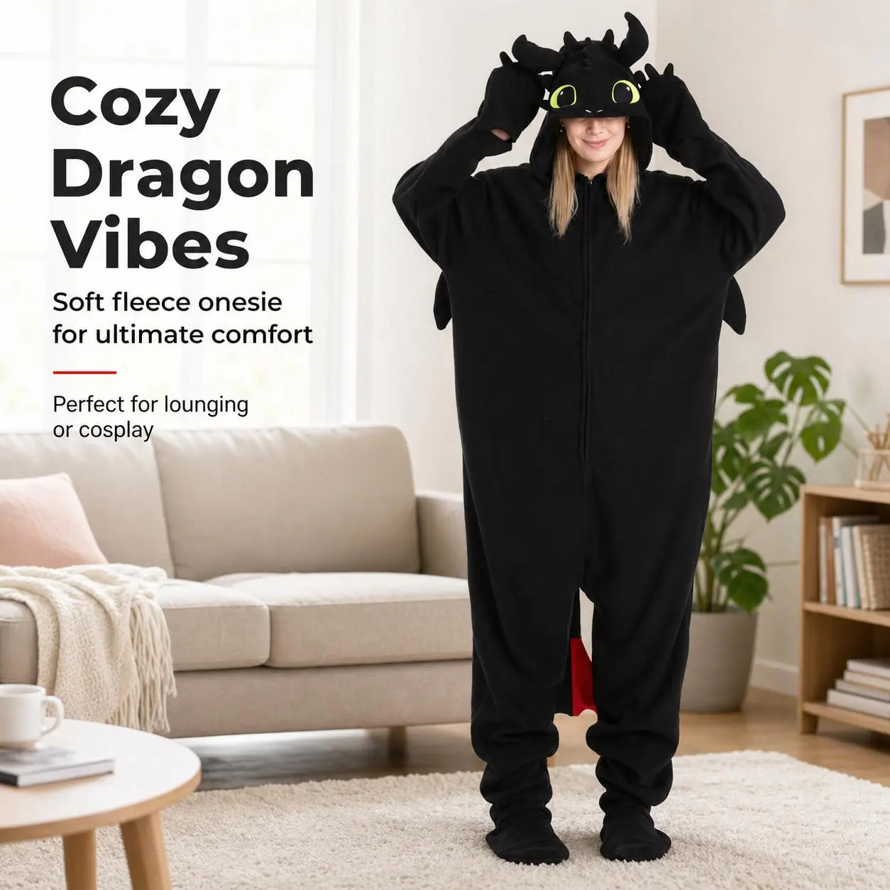 Unisex Kids Black Dragon Hooded Onesie Pajamas Thick Plush Fleece Full Zip Wing Tail Cartoon Cosplay Jumpsuit For Halloween Sleepover Party Daily Loungewear