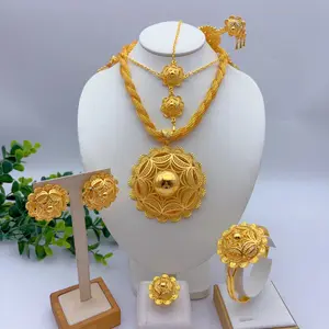 Ethiopian Dubai 24k Plated Gold 6PCS Jewelry Set For Woman African Indian Big Pendant Necklace Wedding Engagement Gifts