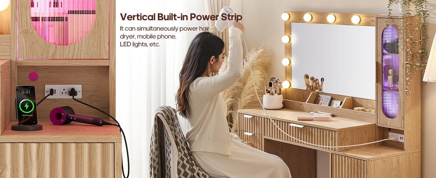 Fluted Makeup Vanity with Charging Station and RGB Lights Oak