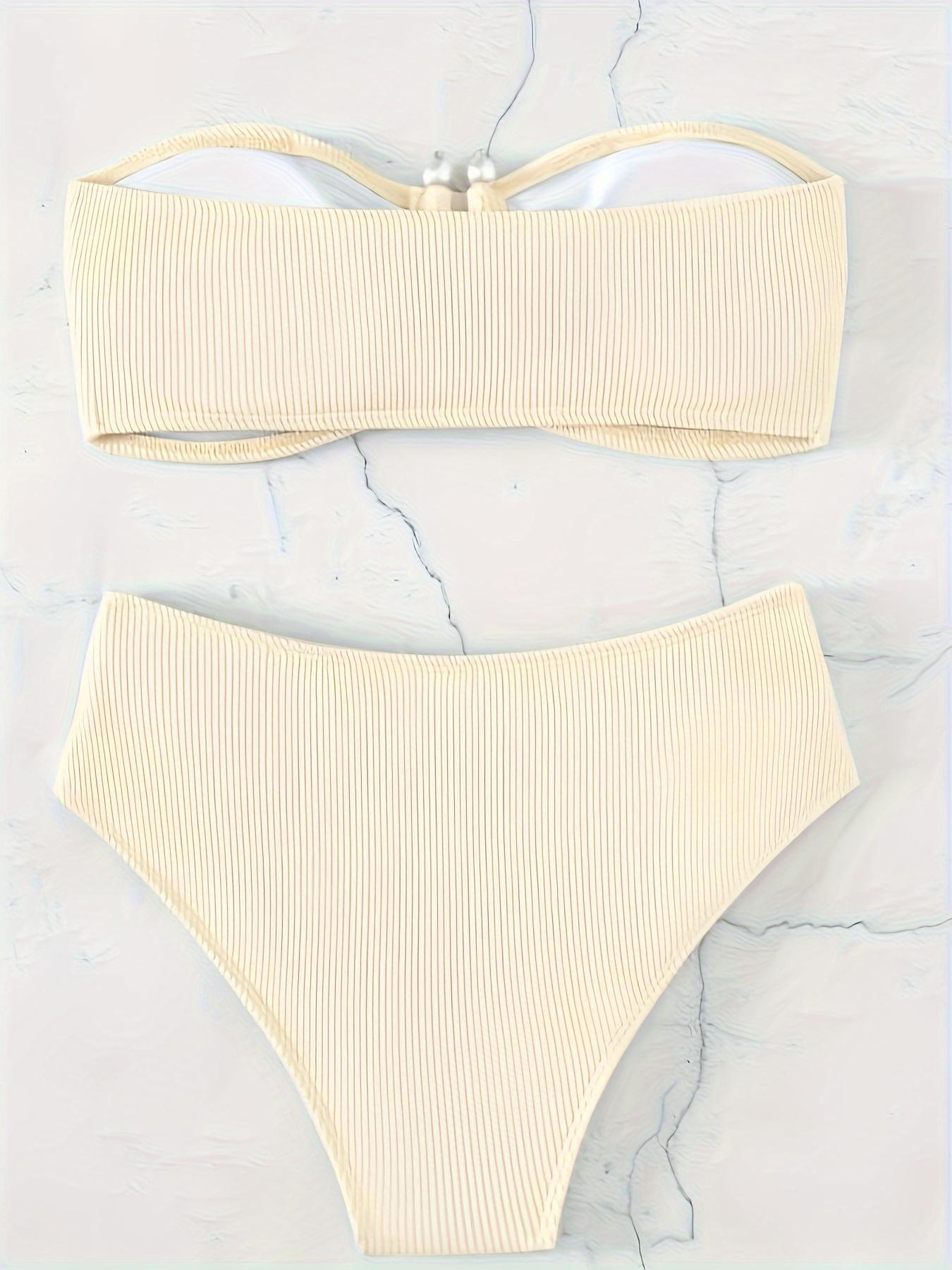Two-Piece Set Women's Solid Ruched Bandeau Bra & Knot Front Panty Bikini Set, Bandeau Bikini Sets, Casual Sleeveless Swim Top & Swim Bottom Swimsuit Set, Ladies Summer Swimwear for Beach Holiday Vacation