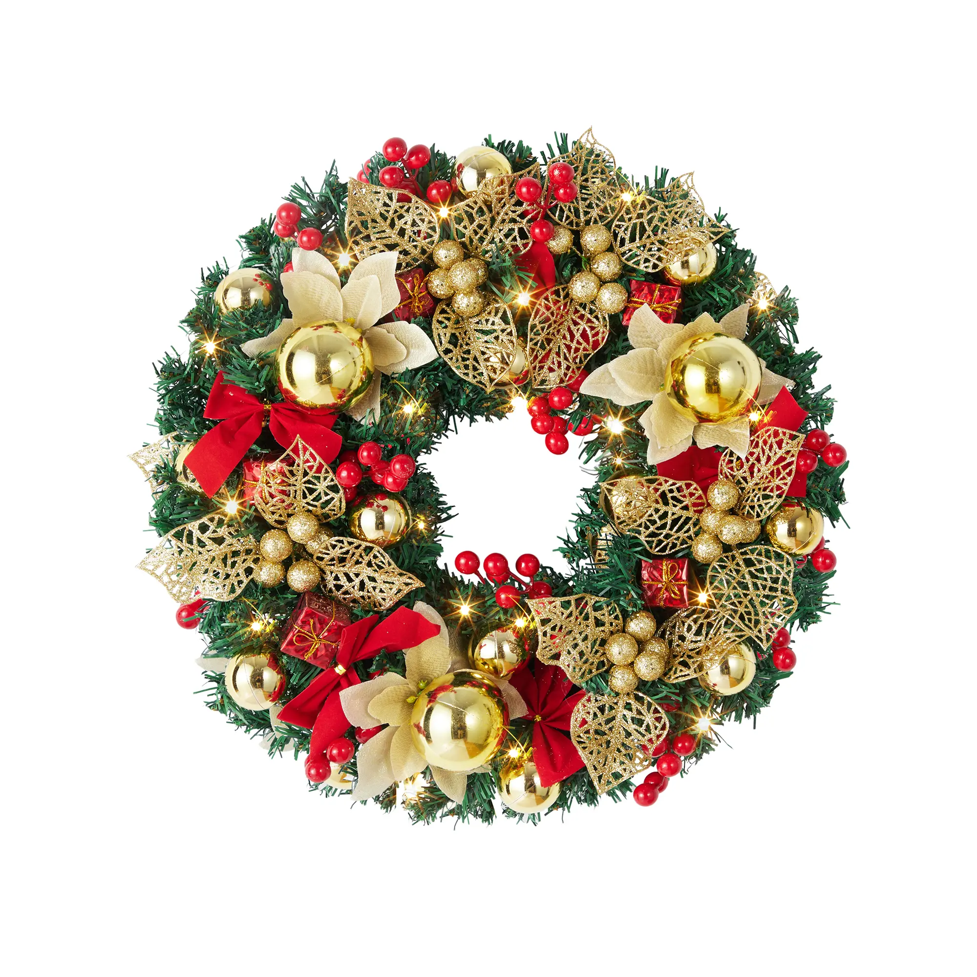 L. 18 Inch Artificial Pre-Lit Christmas Wreath, Christmas Tree Decorations Winter Wreath Elegant Red and Gold with Bow and Leaves for Door, Mantel, Window Indoor Outdoor Decoration