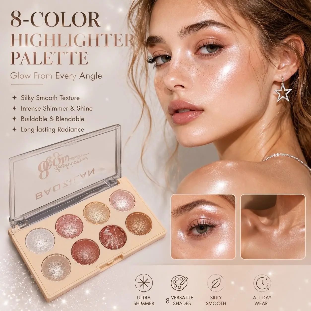 8 Shades Highlight Contour Eyeshadow Palette, Ultra-Fine Shimmer Powder, Smooth, Hydrating Luminous Finish, Waterproof & Buildable, Soft Glitter Texture, Long-Lasting Brightener For Face & Body
