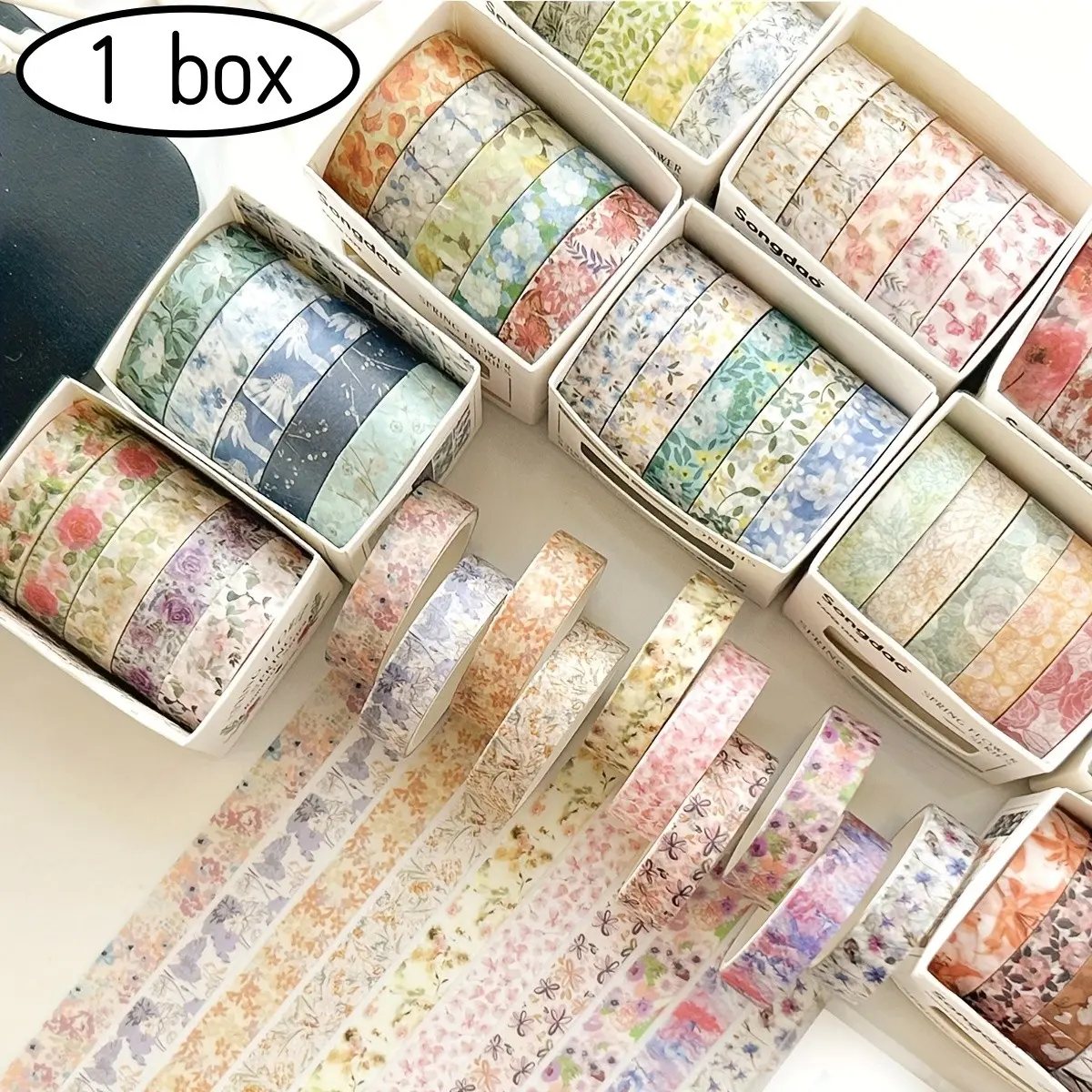 5 Rolls Floral Washi Tape Series, Tear-Off Invisible DIY Decorative Stickers for Diaries, Albums, Schedules, Party Decoration