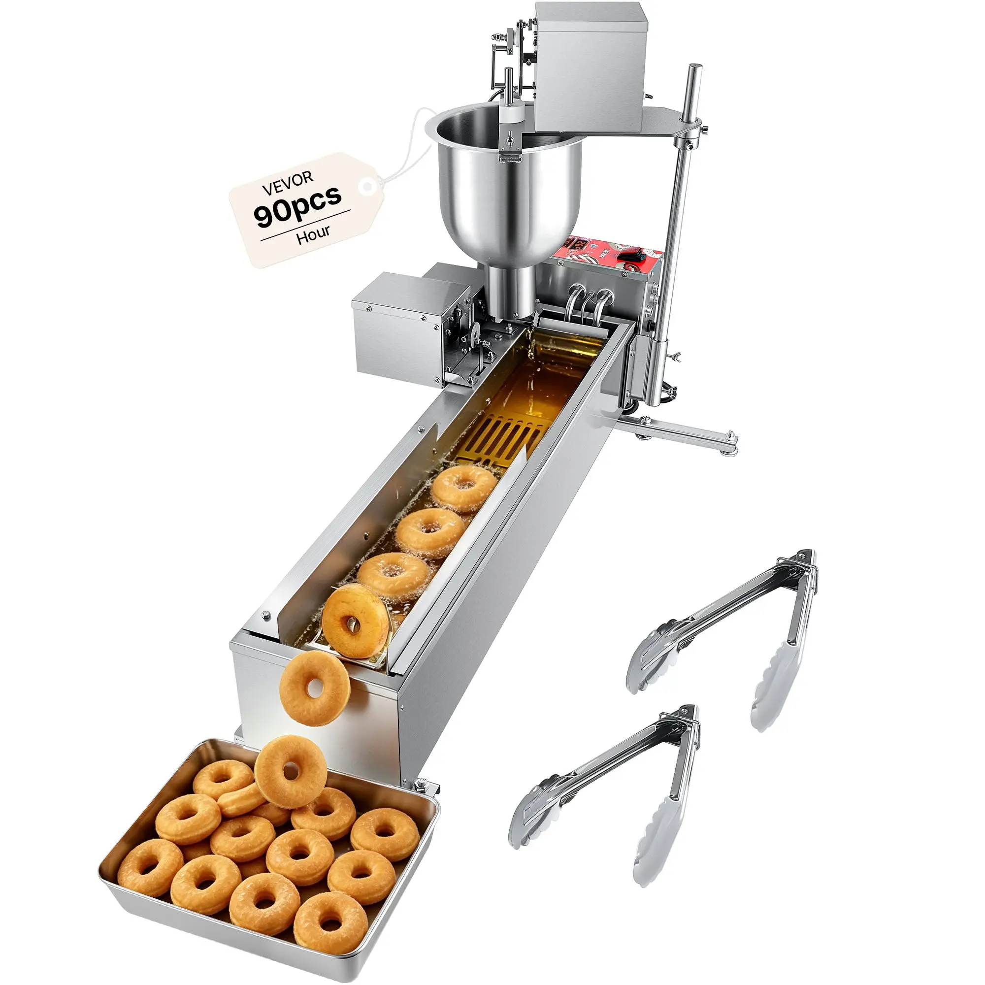【Black Friday】VEVOR Commercial Automatic Round Donut Maker Machine, Single-Row Stainless Steel Equipment with AC Plug, High-Power Auto Frying Electric Fryer (90 Pcs/Hour), Multi-Size Molds, Auto Counting for Commercial Users