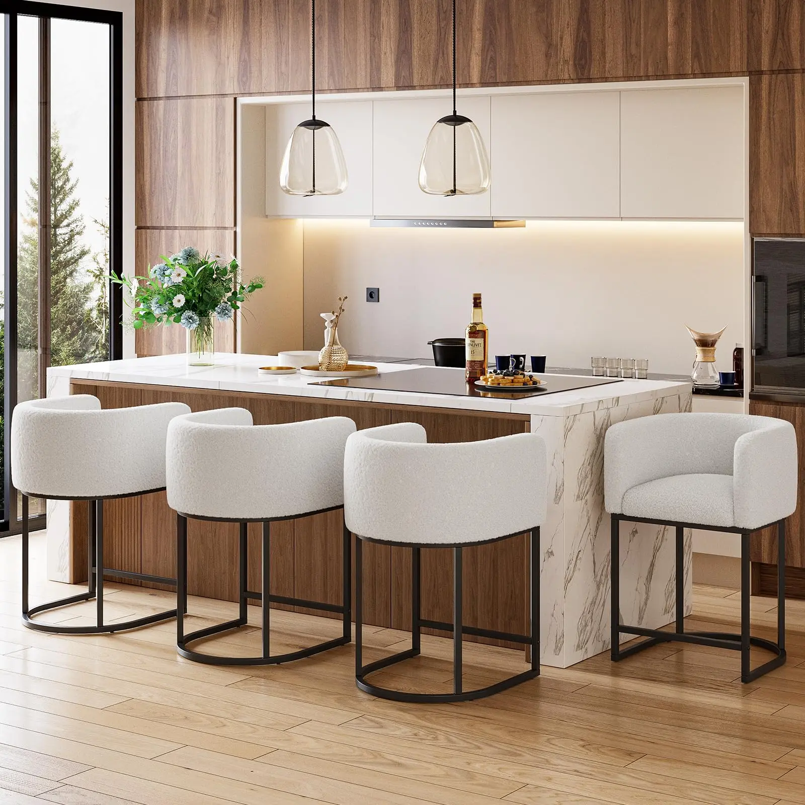 22" H Barrel Bar Stools Set of 4 – Counter Height Bar Stool with Lambswool Cushioned Seats, Backrest, Armrests & Black Metal Frame for Kitchen Island, Bar & Dining Room