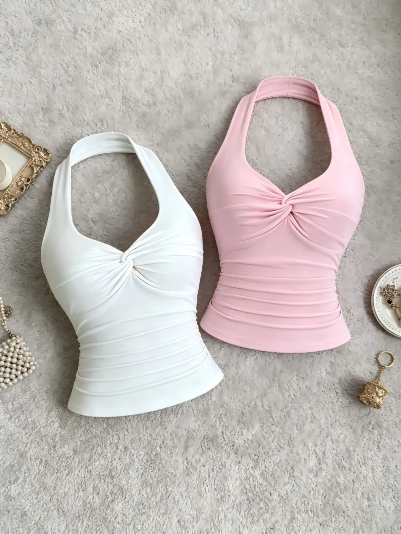 Summer Halter Neck Sleeveless Plain Color Elegant Chic Fashion Chest Twist Knot Dual Waist Side Pleat Design Slimming Fit Women's Two-Piece Set