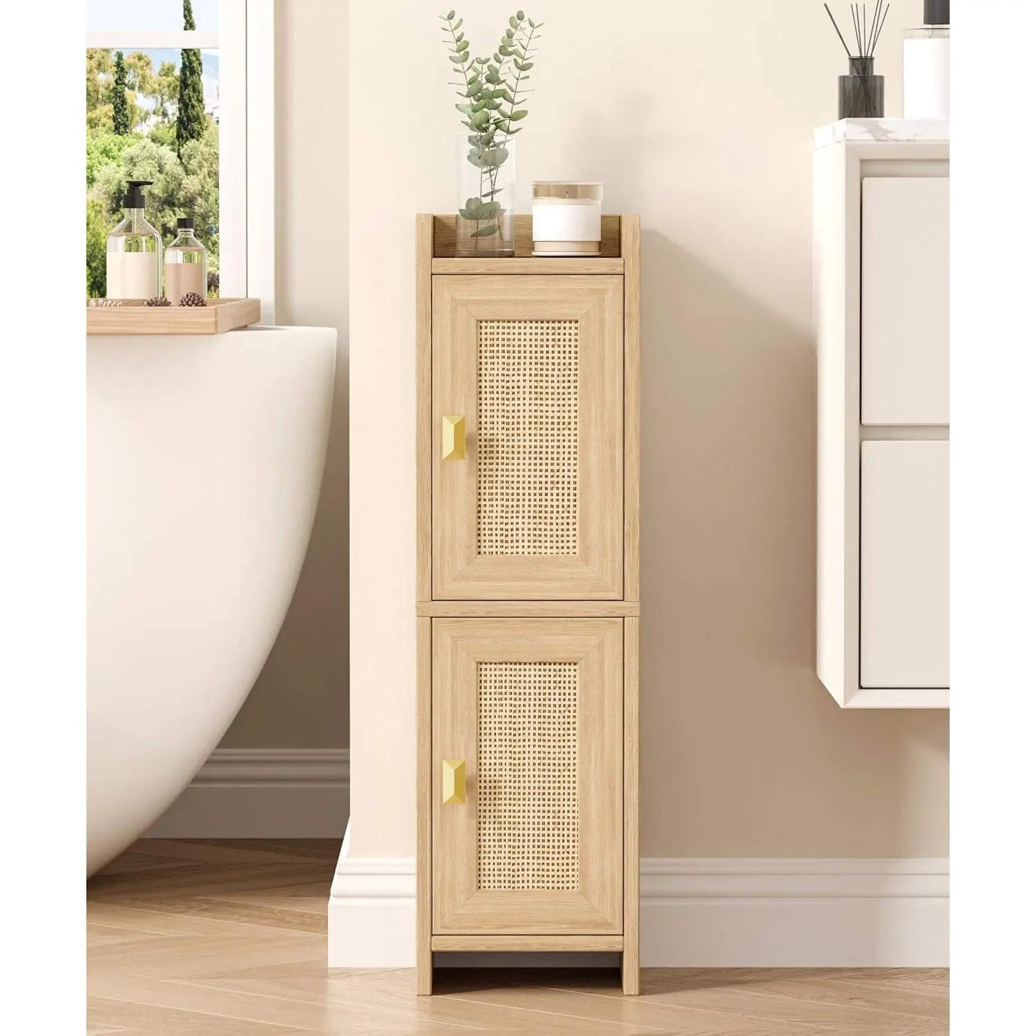Rattan Small Bathroom Cabinet Narrow Toilet Paper Organizer Oak | 7.9''D x 7.9''W Bathroom Organizer and Storage Cabinet for Small Space, Slim Corner Unit with Adjustable Shelf