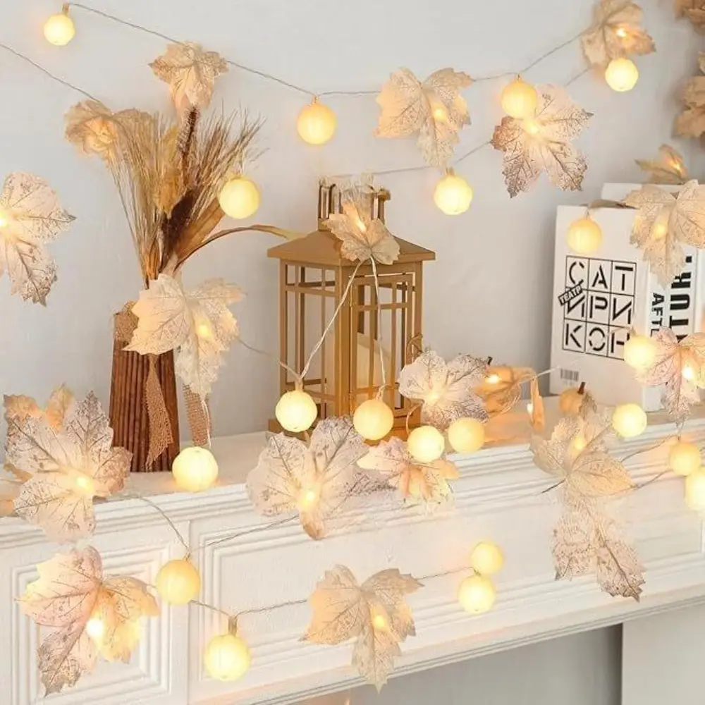 LED Simulation Maple Leaf Pumpkin Light Strings, Battery Powered Fall Fairy Lights, Autumn Harvest Decorative Lights for Thanksgiving Christmas Indoor Home Party Decor, Party Decorations