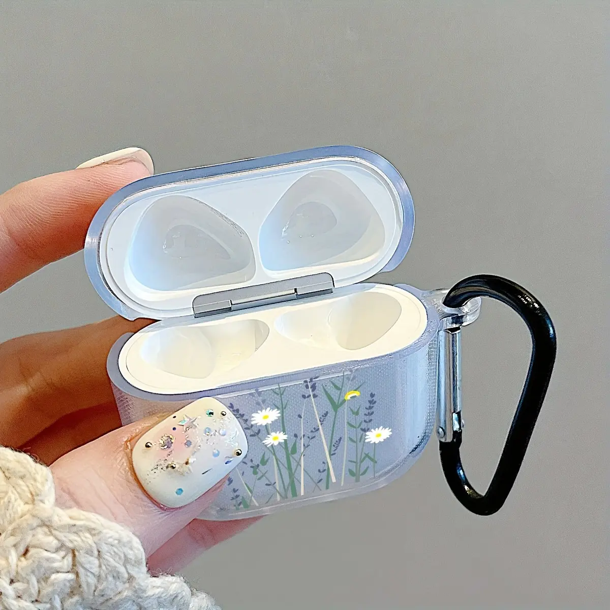 1 Yellow and White Floral Pattern AirPods Case with Keychain- Transparent TPU Protective Cover, Suitable for AirPods 4/4 Pro, D-shaped Buckle Design, Suitable for iPhone Users, AirPods Storage| Floral Design Protective Case| Secure Closure, Suitab