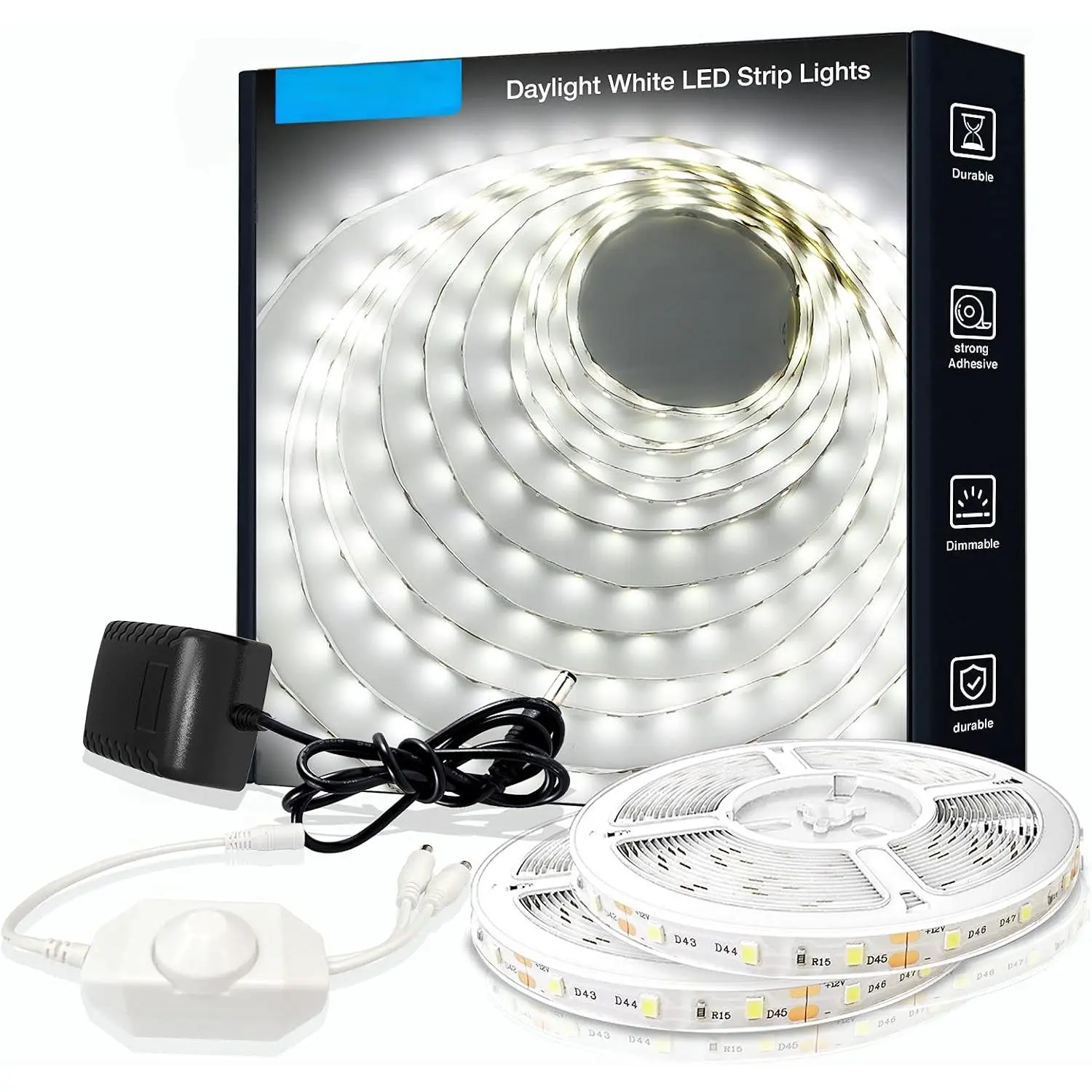 White LED Strip Light, 40 ft Dimmable Bright Rope Lighting, 6500K 24V Strips, 720 LEDs 2835 Tape Lights for Bedroom, Kitchen, Mirror, Home Decoration(2 Rolls of 20 ft)