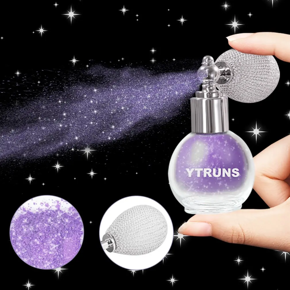 Multi Color Shimmer Highlighter Powder Puff, Pearlescent Fine Glitter Powder Spray, Scented Loose Glow Powder, Sparkling Brightening Face and Body Highlighter for Cheeks, Collarbone, Party, Stage, Nightclub and Photo Looks