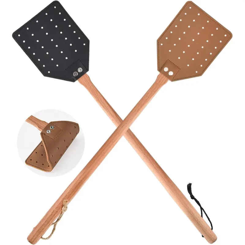 Set of 2 leather fly swatters featuring sturdy wooden handles. Suitable for indoor and outdoor use, effectively killing flies, mosquitoes and other flying insects.