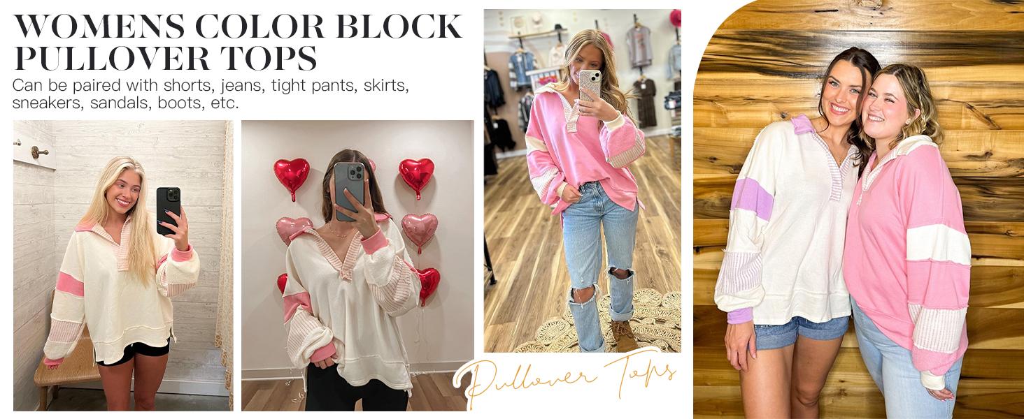 Imily Bela Womens Color Block Oversized Sweatshirt V Neck Long Sleeve Casual Loose Pullover Tops