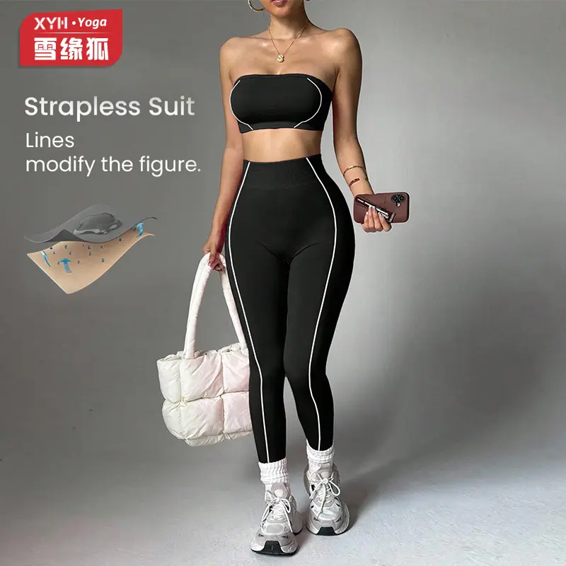 NBGRLVS Women Contrast Color Yoga Outfits Wrap Chest Tops And Peach Hip Slim Fit Pants Fitness Sports Wear For Women High Waist Stretchy Workout Tracksuit Gym Activewear Sets For Running Yoga Training Daily Wear