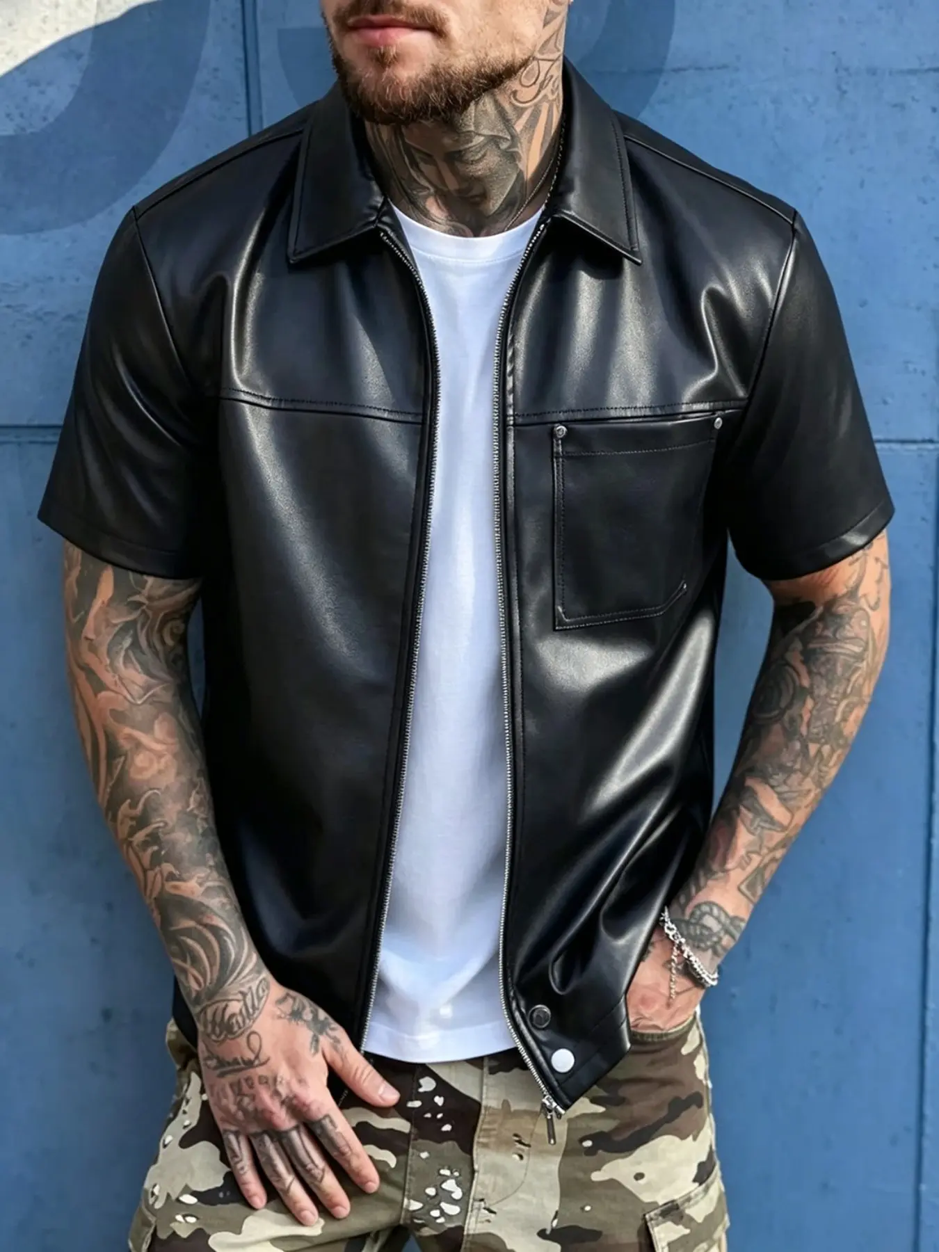 Leather Short Sleeve Notched Collar Jacket, Streetwear Punk Style Men's Zipper Jacket, Essential for Fall & Winter, Suitable for Casual
