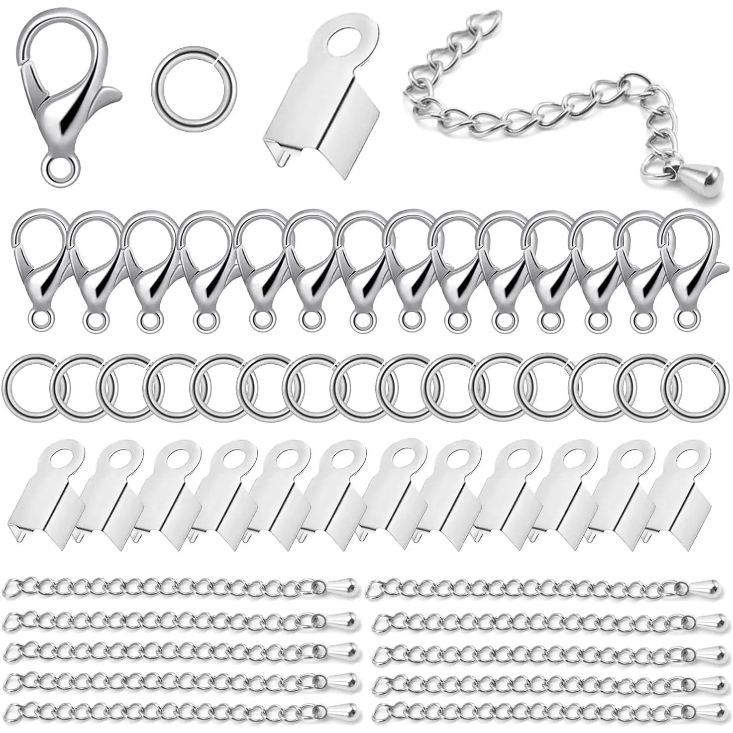 580 count  Making Accessories Set Including 250 Open Jump Ring Connectors 250 Fold Over Cord End Caps 50 Lobster Claw Clasps and 30 Water-Drop Extension Chain for Bracelet Necklace