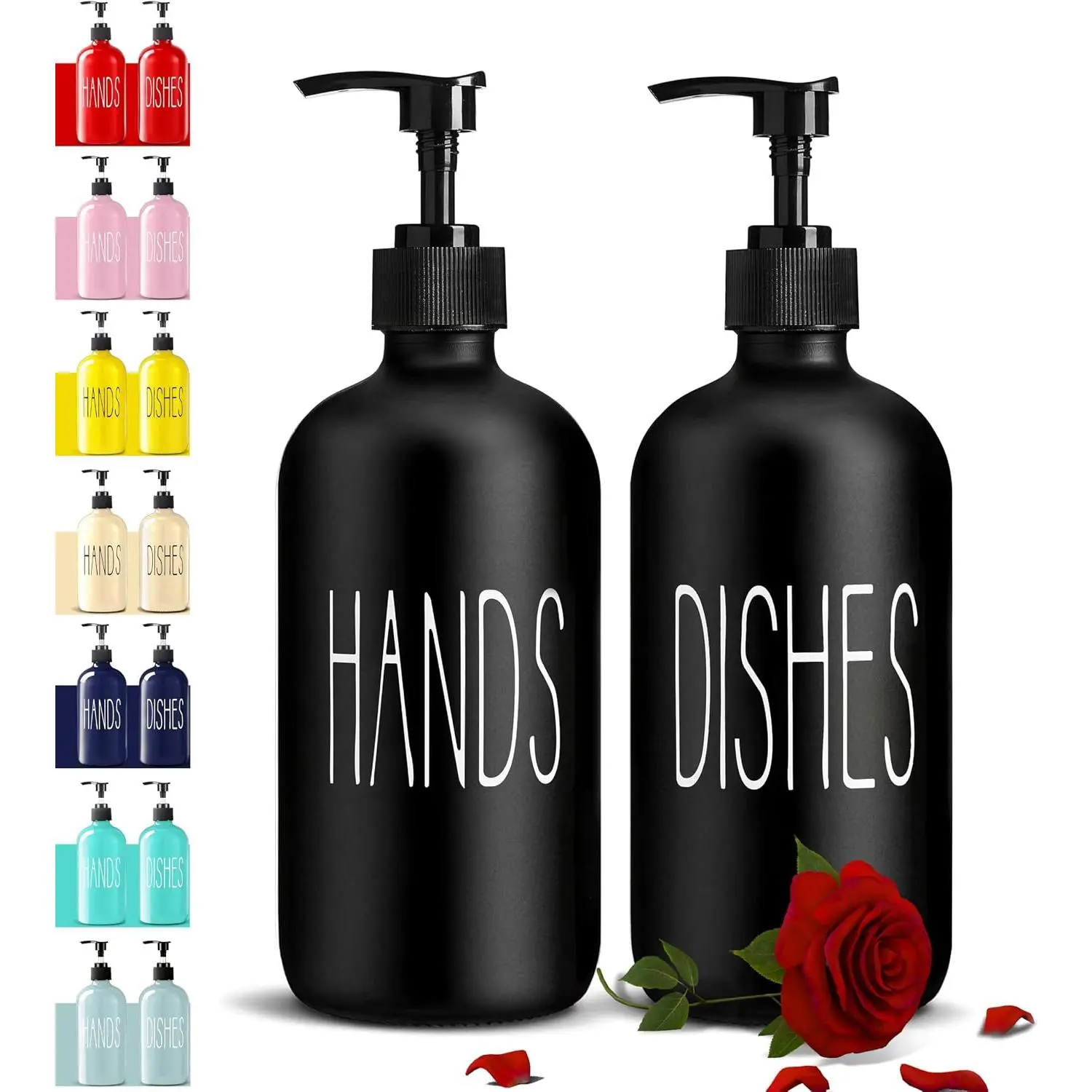 Glass Soap Dispenser Set 2 Pack,Contains Hand and Dish Soap Dispenser. 16 Oz Black Kitchen Soap Dispenser Set for Kitchen Sink and  Decor