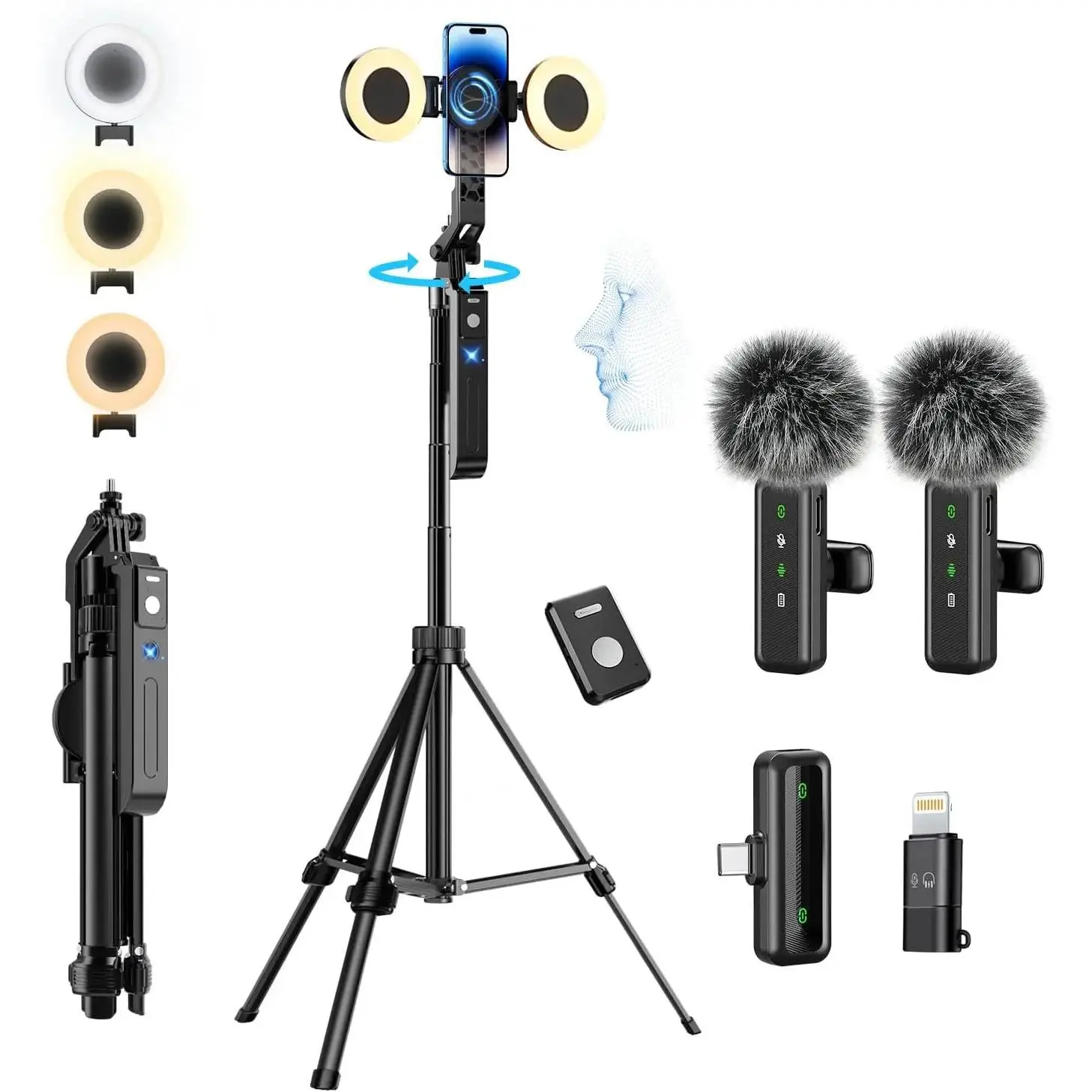 Mobile Cellphone Video Blogging Starter Kit with 70.9in Automatic Adjustable Tripod-Selfie Stick, Motion Sensor Fill Light, Hands-Free Microphone, Remote Control, Type-C Port, Storage Bag, Home Organizer Multiple Items for Android YouTube Creators
