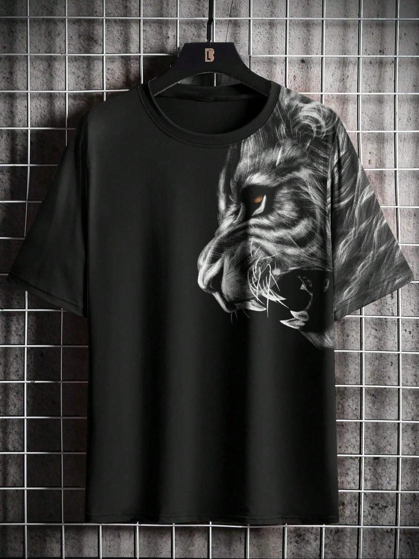 Men's Lion Print Round Neck Tee, Loose Casual Short Sleeve Crew Neck T-shirt for Summer, Fashion Men's Top for Daily Wear, Gym Shirts, Athletic Crew Neck, Gym Tees