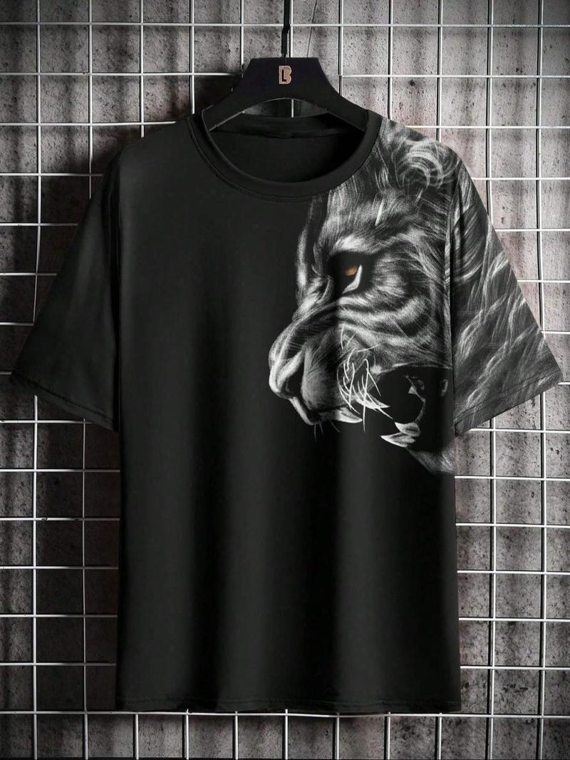 Men's Lion Print Round Neck Tee, Loose Casual Short Sleeve Crew Neck T-shirt for Summer, Fashion Men's Top for Daily Wear, Gym Shirts, Athletic Crew Neck, Gym Tees
