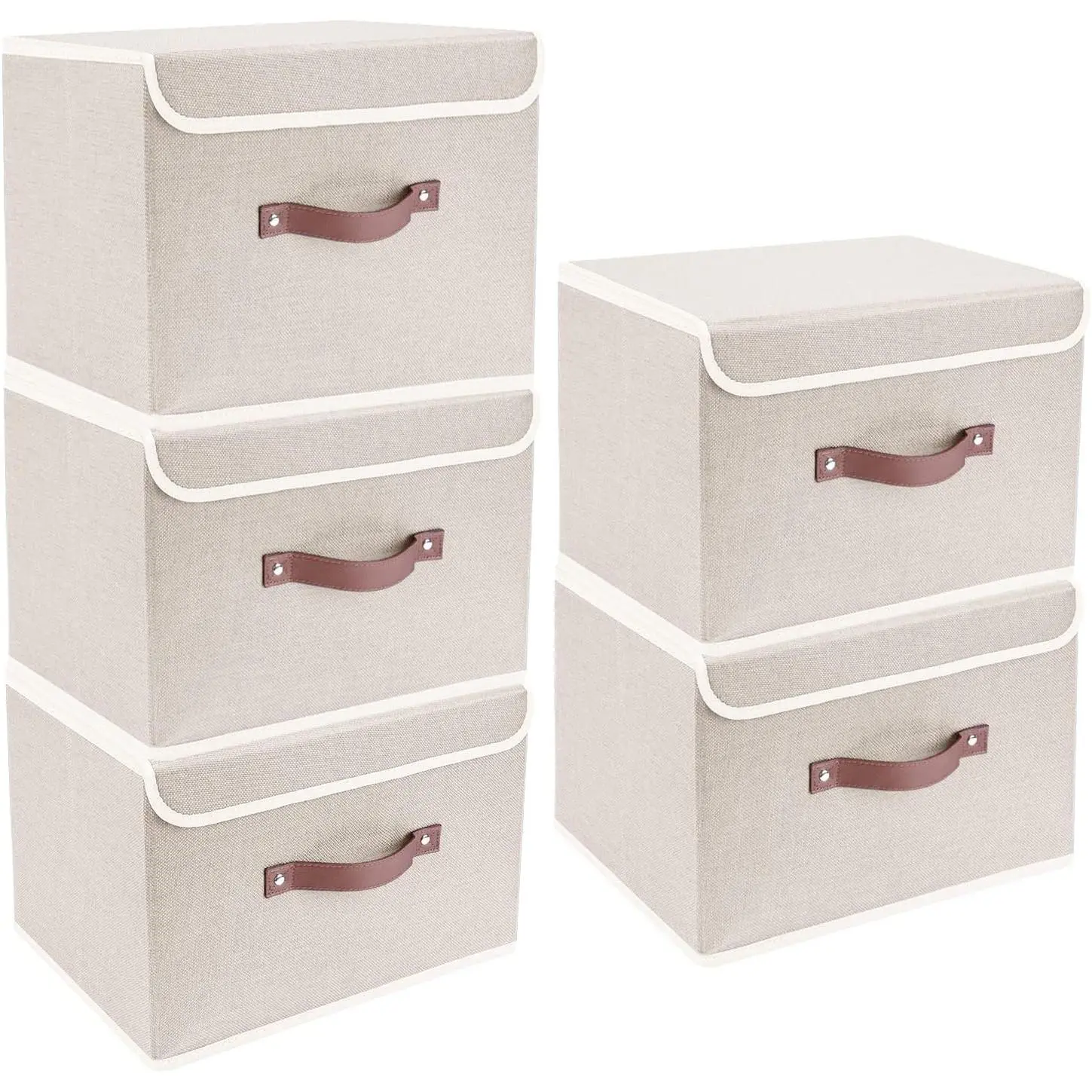 Foldable Storage Boxes with Lids 5 Pack Fabric Storage Bins with Lids, Closet Organizers for Clothes Storage, Room Organization, Office Storage, Toys - Beige