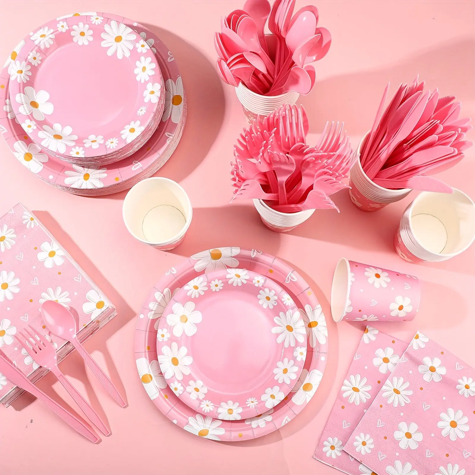 350pcs Daisy Party Supplies Tableware Set Disposable 9'' 7'' Paper Plates 9oz Cups Cutlery Napkins Dinnerware Set for 1st Birthday Serve 50 (Daisy Birthday White Pink) for party favors Halloween&Christmas for School Halloween
