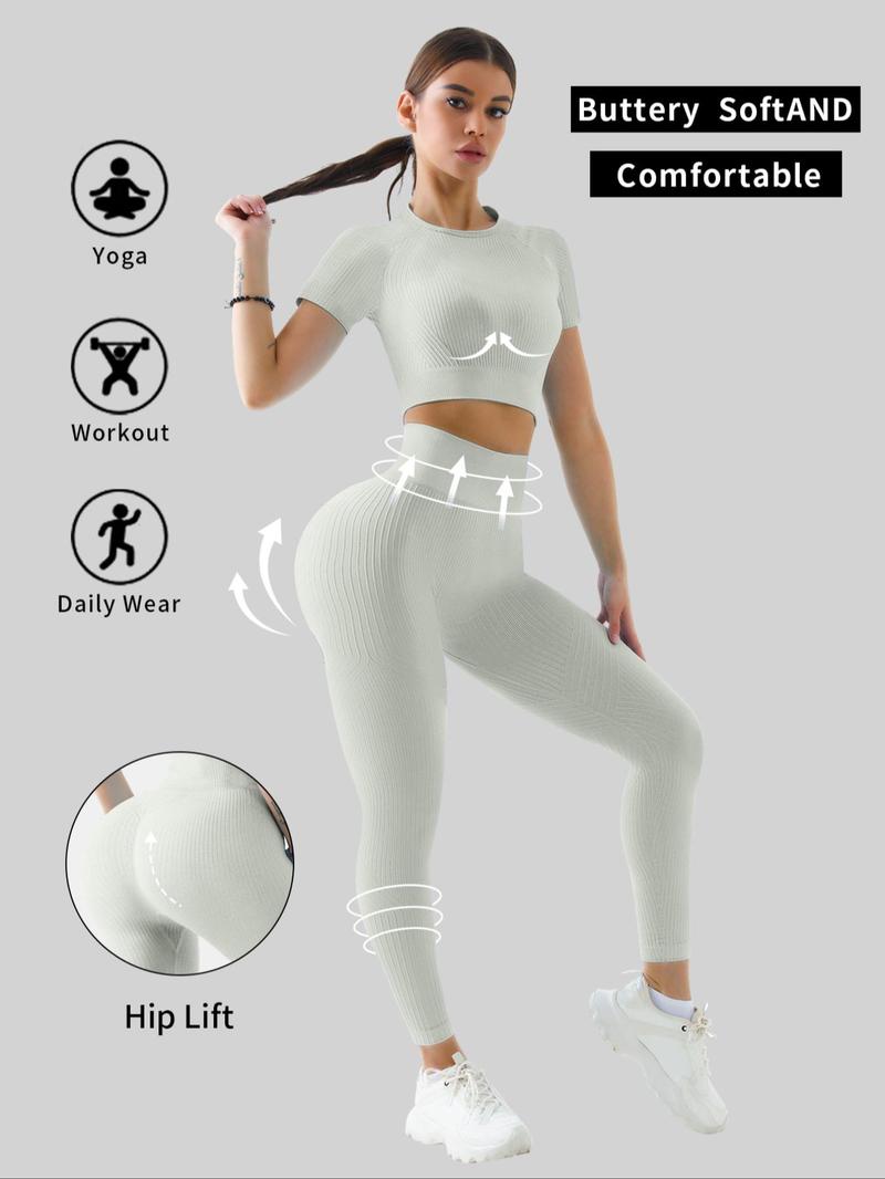 Women's Solid Tracksuit Set, Stretchable Activewear, Sport Raglan Sleeve Crop Top & High Waist Leggings, Summer Clothes Women, Women Tracksuits for Summer