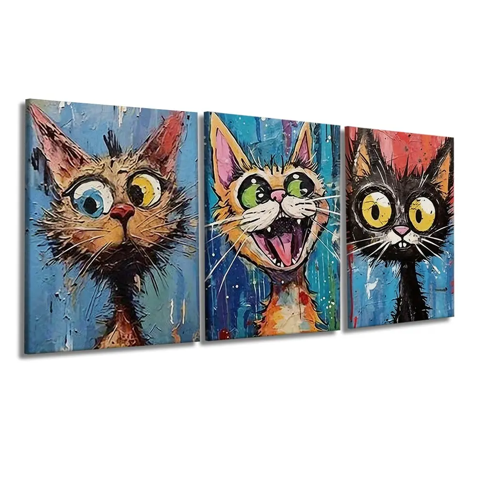 3 Pcs/Set Wooden-Framed Canvas Painting, Thick Texture Graffiti Style Three Funny Surprised Cartoon Cat Portrait Color Splash Background Three Panel Wall Art Living Room, Bedroom, Office Decoration, Modern Home Decor, Fashion Artistic Ornaments, Artwork