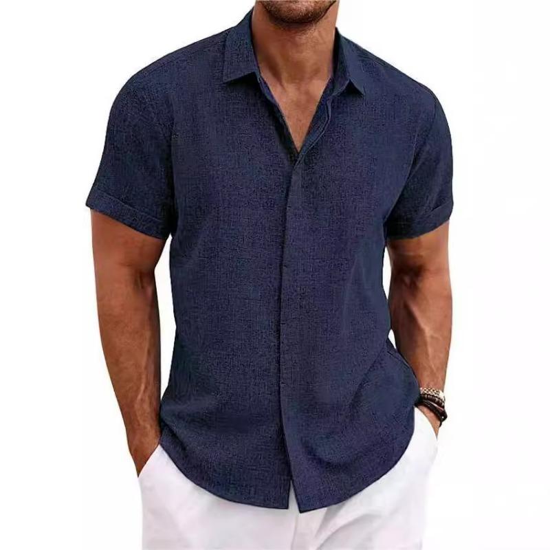 Men‘s Double Placket Cotton Linen Short Sleeve Shirt Premium Solid Color Button Front Summer Top