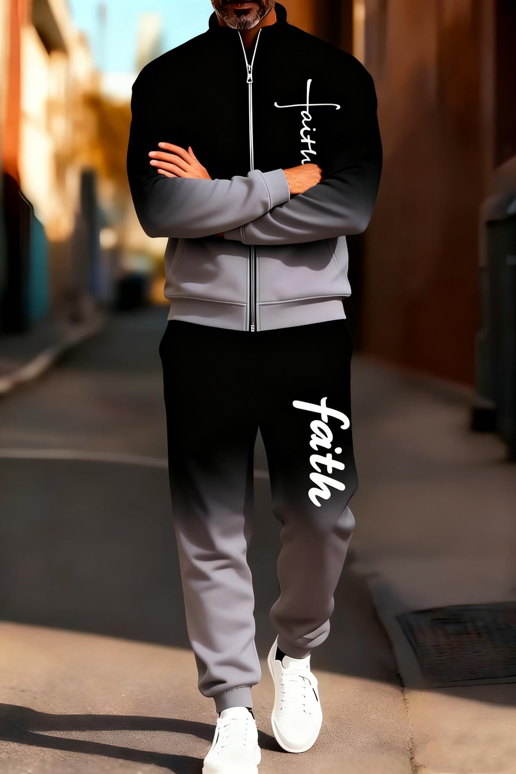 Men's fashionable and casual sportswear featuring a gradient digital print, including a stand-up collar cardigan jacket and pants, making it a two-piece set suitable for daily casual wear and trendy gradient sportswear series, Sporty Style Breathable Acti