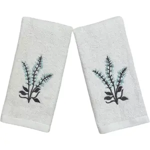 Floral Guest Hand Fingertip Towels for Bathroom or Bath, Light Blue Flowers and Leaf Design, 2 Piece Ashley Set, 100% Cotton, 12" x 18"