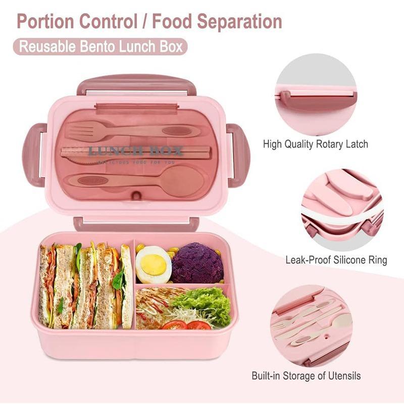 Classic - Adult Bento Box, All-in-One Stackable Lunch Box Container with 3 Compartments, Plastic Utensils, and Nylon Sealing Strap, Food Container