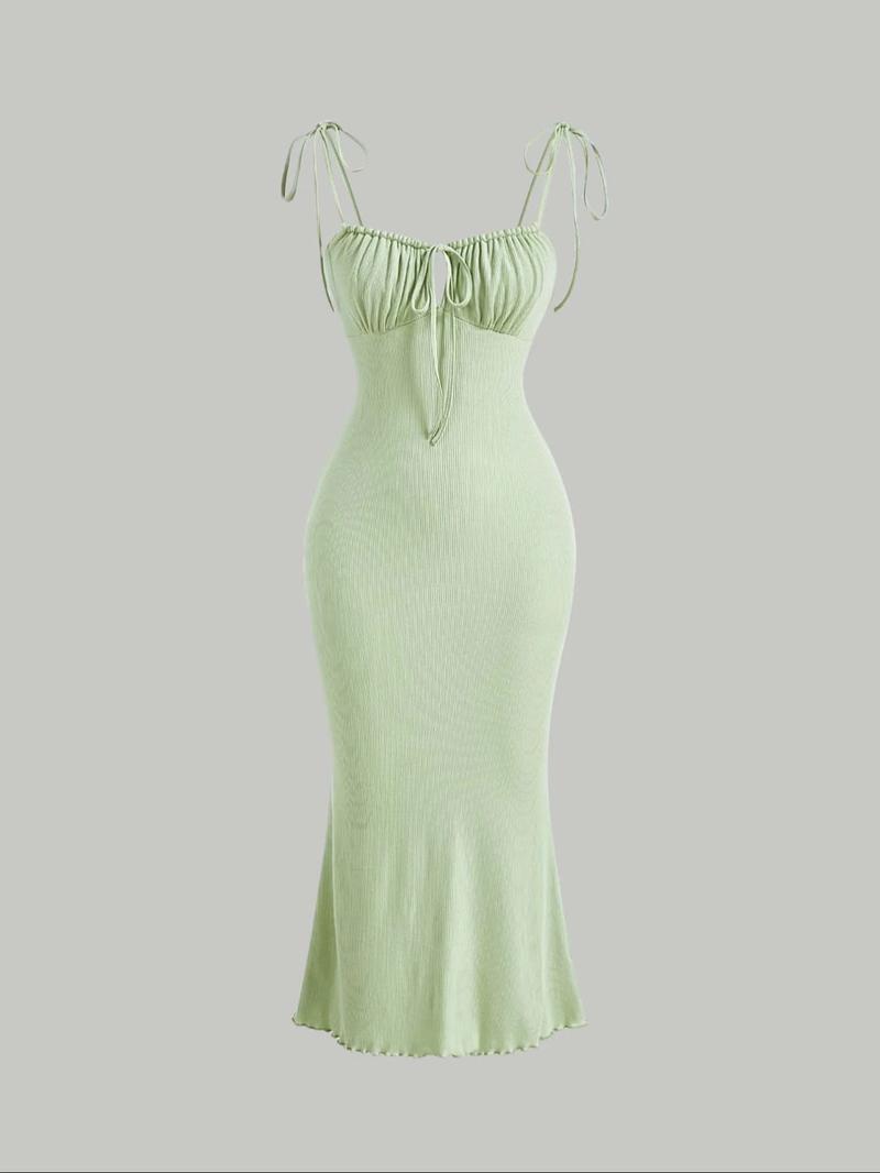 Women's Plain Ruched Lettuce Trim Tie Front Cami Dress, Casual Sleeveless Spaghetti Strap Tie Shoulder Long Bodycon Dress for Summer, Ladies Clothes for Beach Holiday