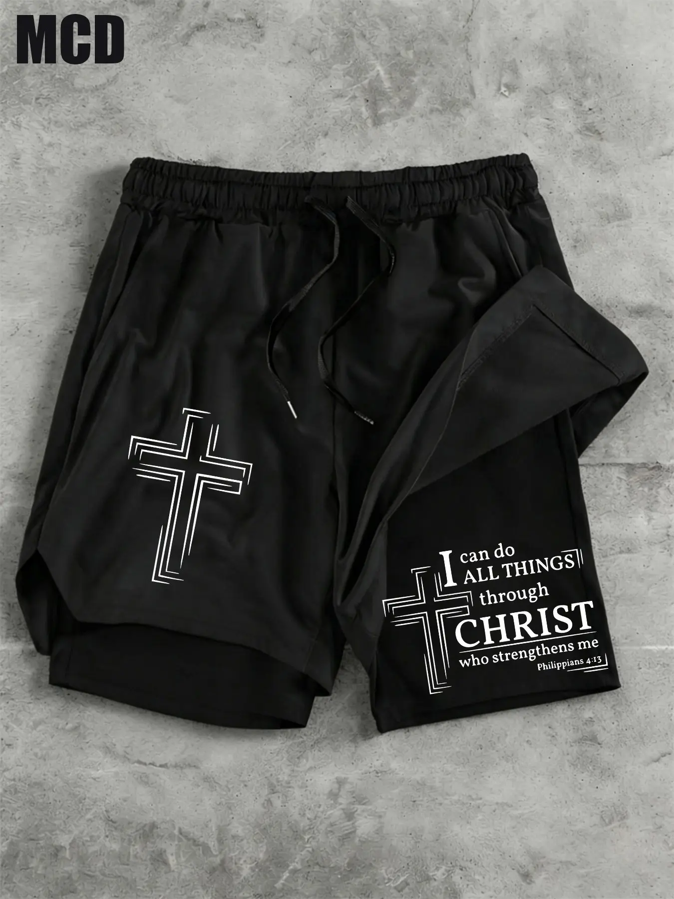 Mcd Cross Philippians 4:13 Bible Verse Print Athletic Shorts, Quick Dry Lined Workout Gear, Drawstring Waist with Pockets